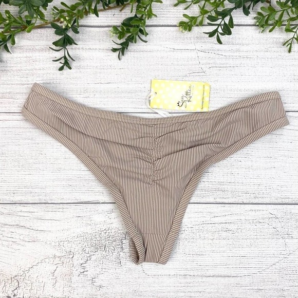 NEW Sun Kitten Ladies Tan and Grey Stripe Polkadot Swim Bikini Bottom XS - Picture 6 of 7